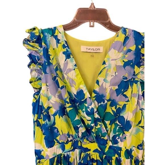 Taylor Blue Floral Printed A-Line V-Neck Dress Size Large - Picture 2 of 9